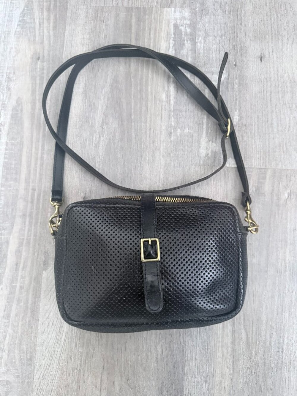 Clare V. Mini Sac Crossbody Bag Perforated Black Leather